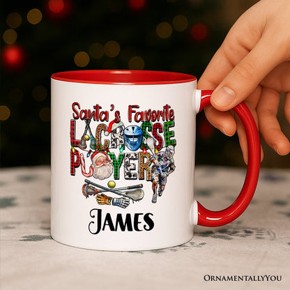 Santa's Favorite Lacrosse Player Personalized Mug, Plaid Christmas Athlete Gift with Custom Name