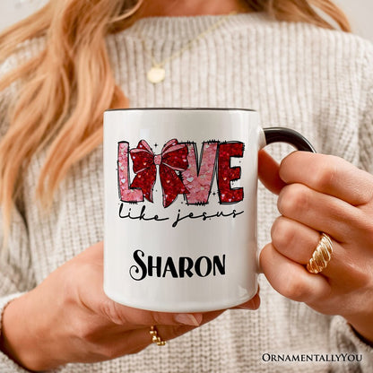 Love Like Jesus Coquette Bow Valentine Personalized Mug, Christian Hearts Gift with Custom Name