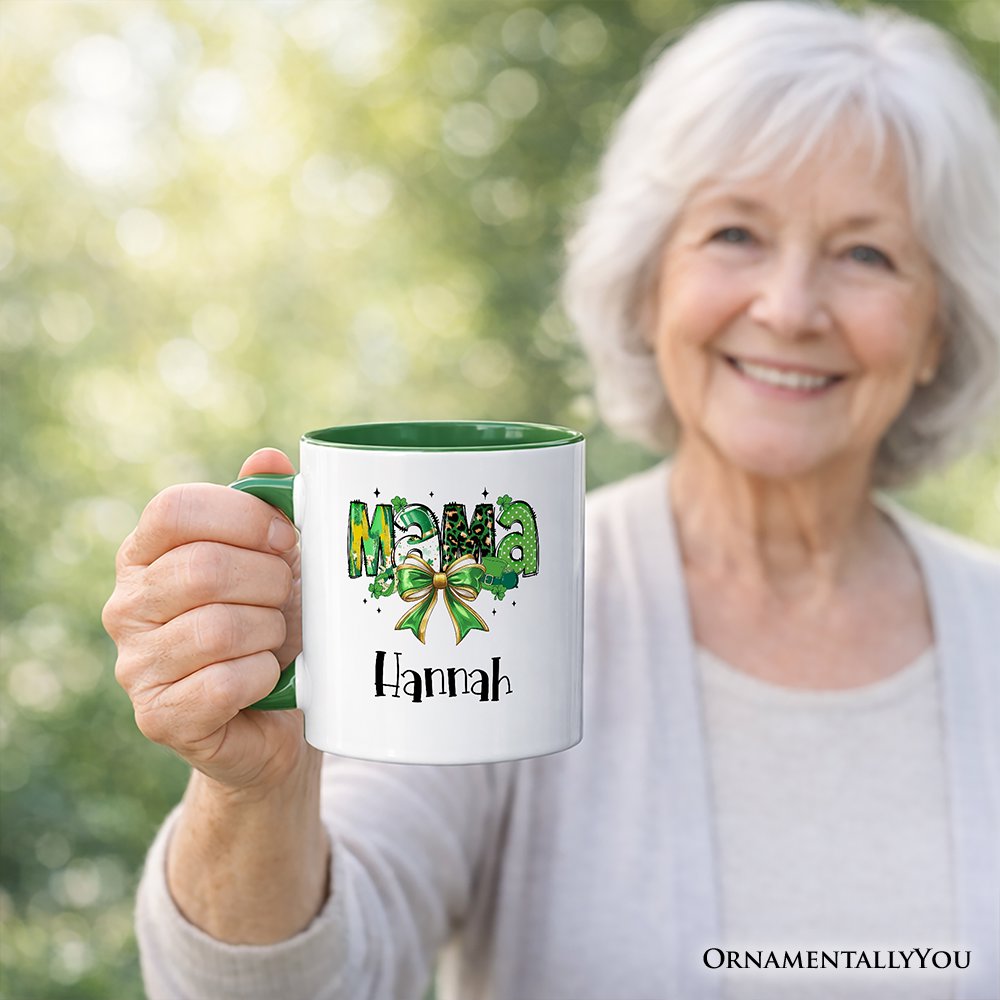 Coquette Mama Bow St Patrick's Day Personalized Mug, Green Lucky Shamrock Clover Gift with Custom Name
