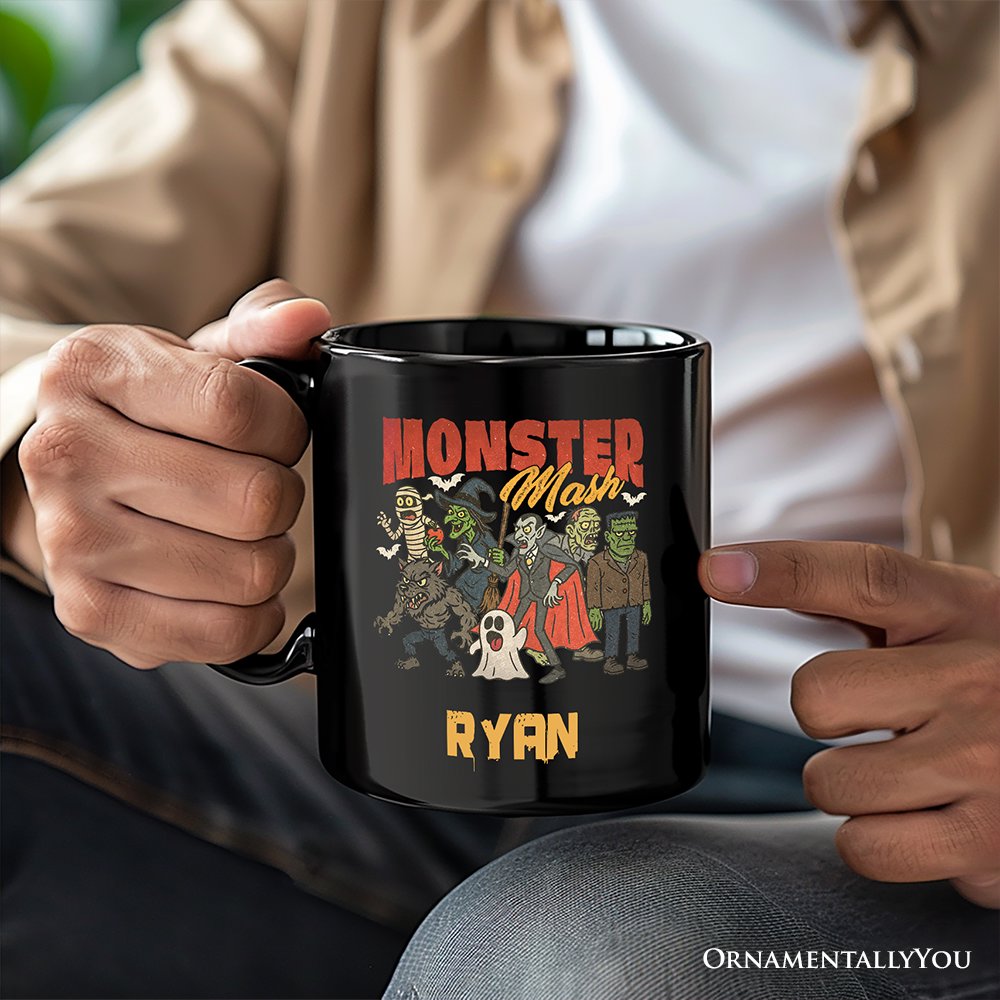 Vintage Monster Mash Personalized Mug, Retro Halloween Friends Gift with Custom Name