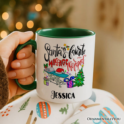 Santa's Favorite Massage Therapist Personalized Mug, Spa Appreciation Christmas Gift with Custom Name