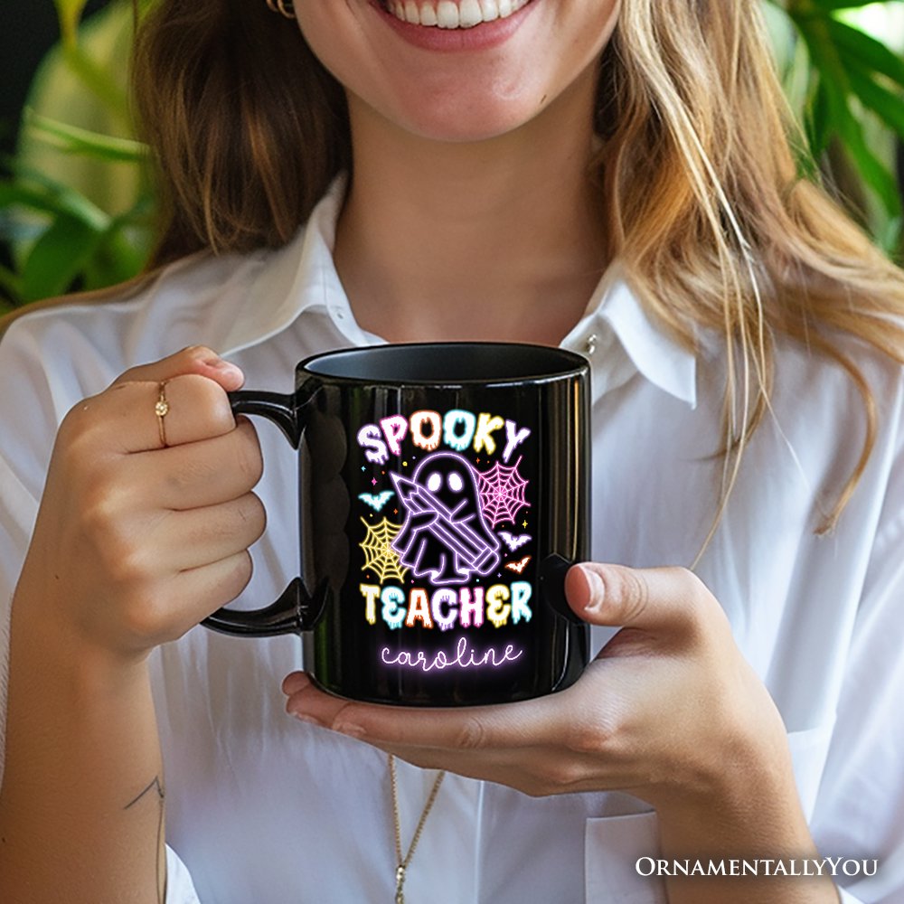 Spooky Teacher Neon Ghost Personalized Mug, Retro Halloween Gift with Custom Name for Educators