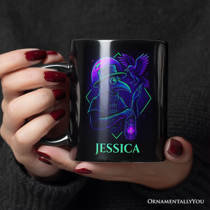Vaporwave Plague Doctor Personalized Mug, Retro Neon Horror Vibes Halloween Gift with Custom Name