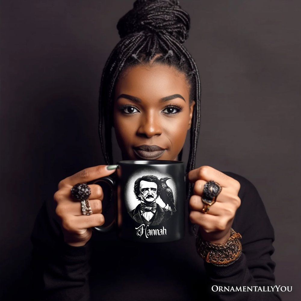 Edgar Allan Poe Spooky Portrait Personalized Mug Horror Villain Theme Halloween Gift with Custom Name