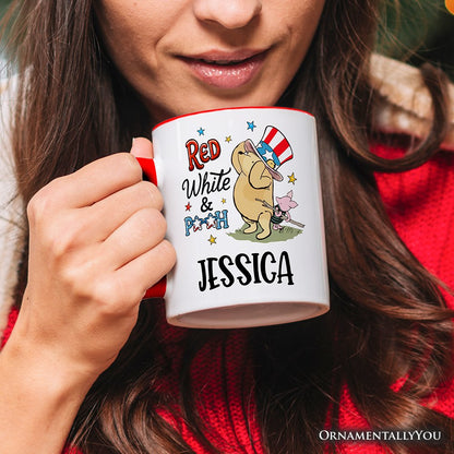 Red White & Proud Personalized Mug, Patriotic 4th of July Celebration Pooh Bear Gift with Custom Name