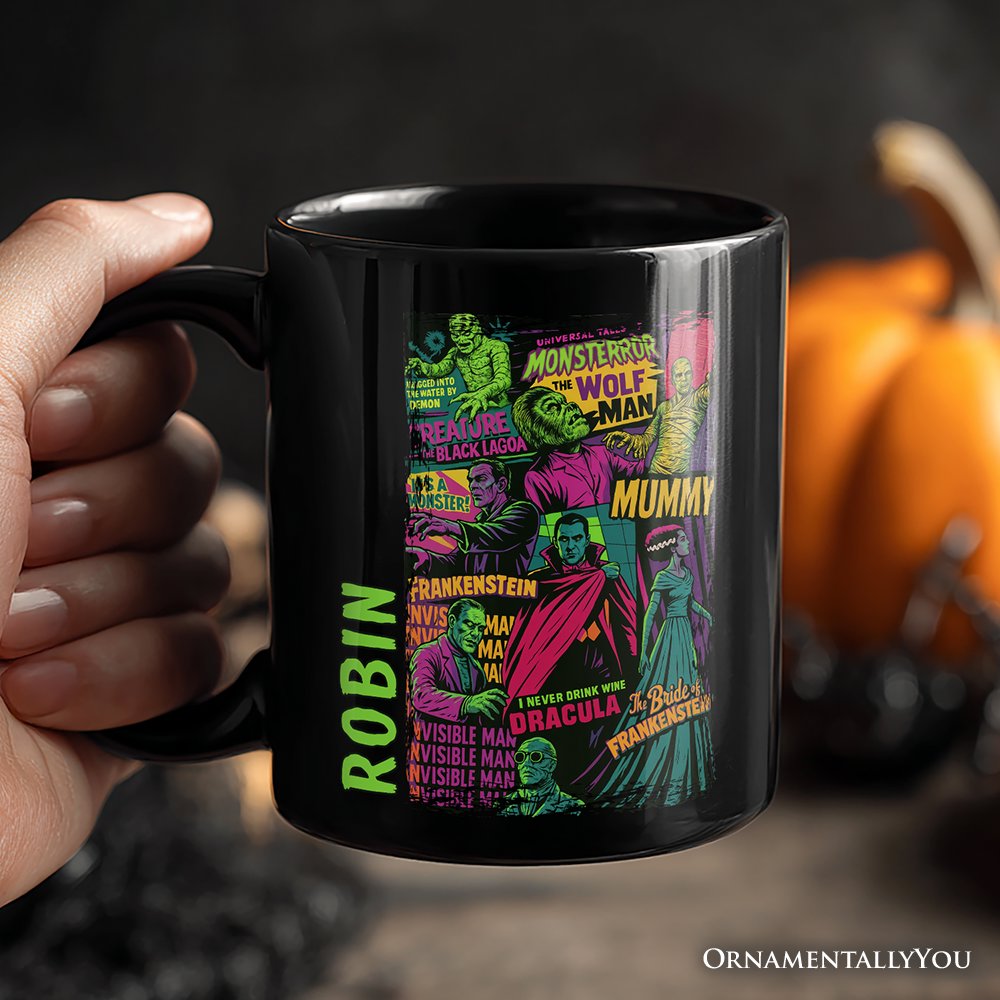 Horror Comic Classic Monsters Personalized Mug, Vintage Scary Halloween Gift with Custom Name