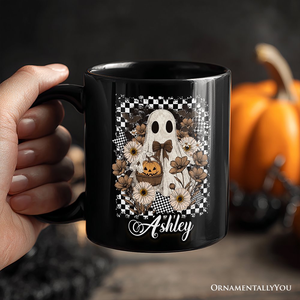 Retro Ghost Floral Halloween Personalized Mug, Spooky Vintage Checkered Gift with Custom Name