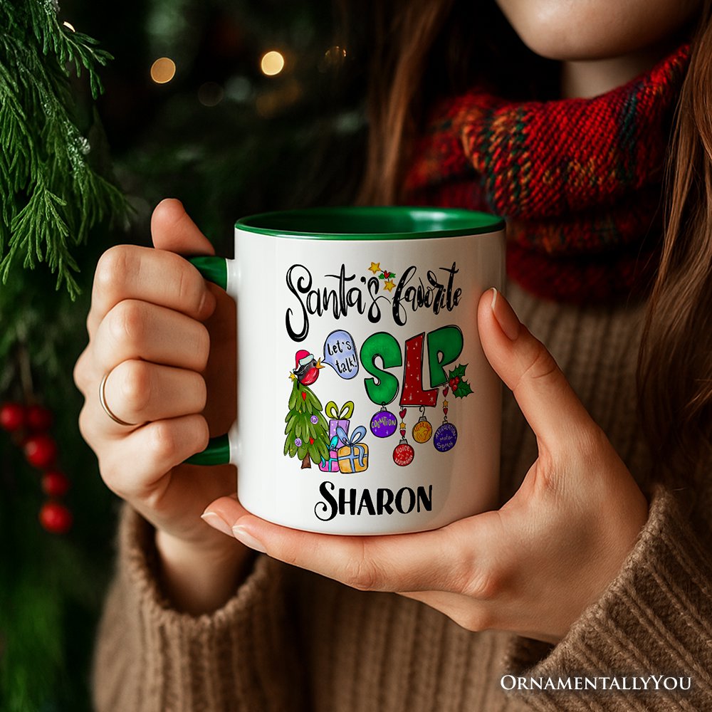 Santa's Favorite SLP Christmas Personalized Mug, Gift for Speech Therapist and Language Pathologist with Custom Name