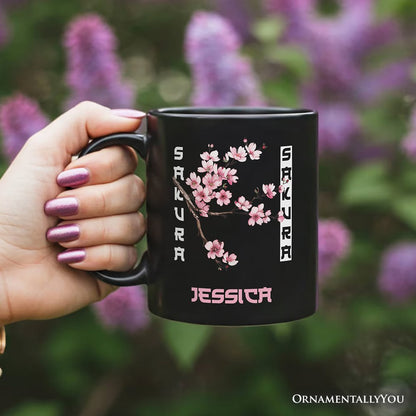 Sakura Cherry Blossom Personalized Mug, Vintage Japanese Spring Floral Gift with Custom Name