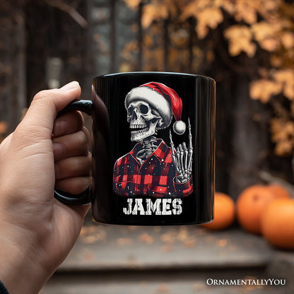 Buffalo Plaid Christmas Skeleton Personalized Mug, Brutal Guys Gift with Custom Name