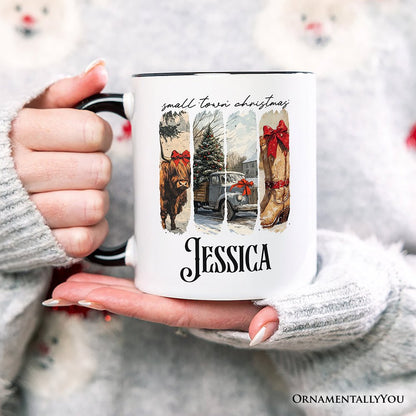 Small Town Christmas Personalized Mug, Highland Cow Rustic Western Cowgirl Holiday Gift with Custom Name