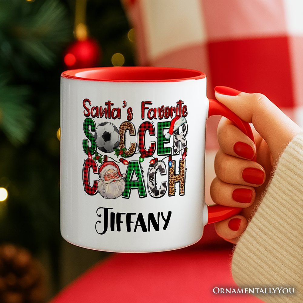 Santa's Favorite Soccer Coach Personalized Mug, Plaid Christmas Football Gift with Custom Name