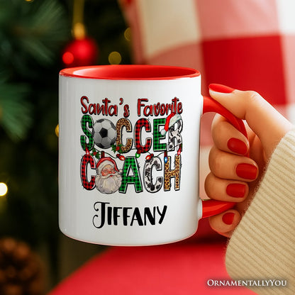 Santa's Favorite Soccer Coach Personalized Mug, Plaid Christmas Football Gift with Custom Name