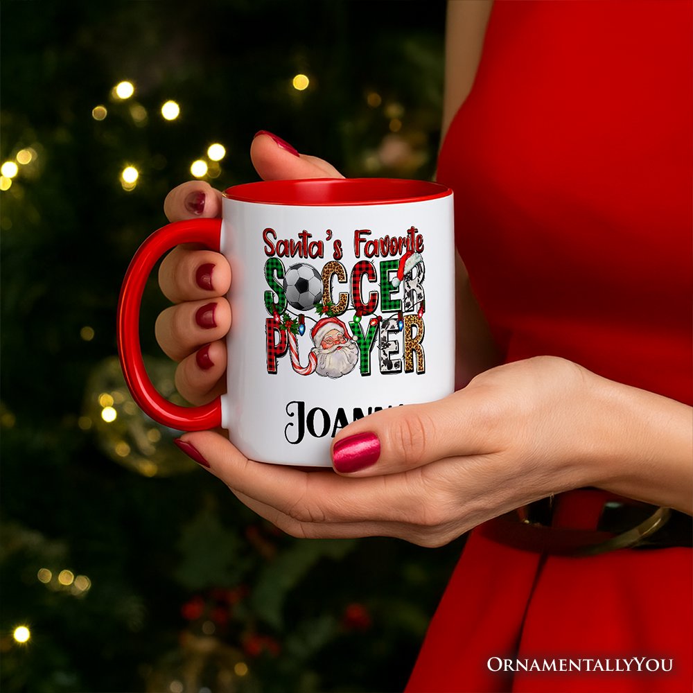 Santa's Favorite Soccer Player Christmas Plaid Personalized Mug, Football Gift with Custom Name