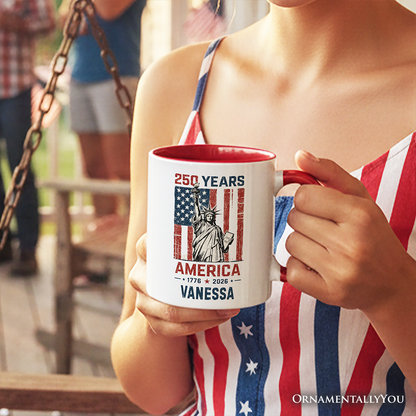 Statue of Liberty America Flag 250 Years Personalized Mug, 4th of July USA Patriotic 1776-2026 Gift with Custom Name