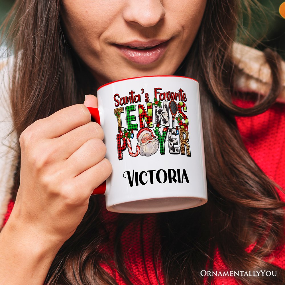 Santa's Favorite Tennis Player Personalized Mug, Plaid Christmas Athelete Gift with Custom Name
