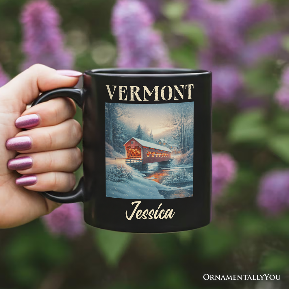 Rustic Red Covered Bridge Vermont State Personalized Mug, New England Historical Gift and Travel Souvenir with Custom Name