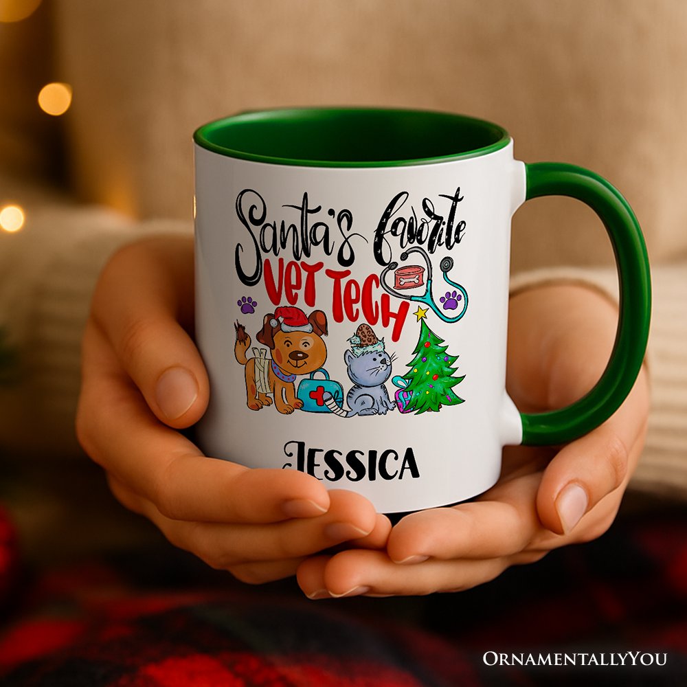 Santa's Favorite Vet Tech Christmas Personalized Mug, Appreciation Gift for Veterinary Technician with Custom Name