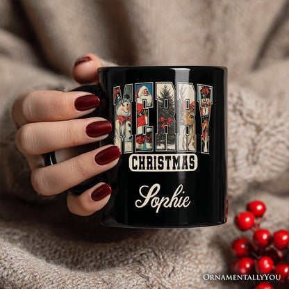 Merry Christmas Vintage Personalized Mug, Santa Tree Reindeer Snowman Nutcracker Gift with Custom Name