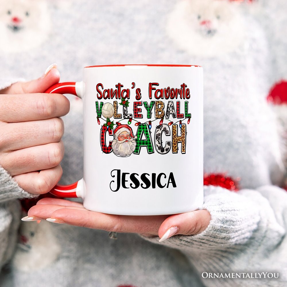 Santa's Favorite Volleyball Coach Personalized Mug, Plaid Christmas Sports Gift with Custom Name