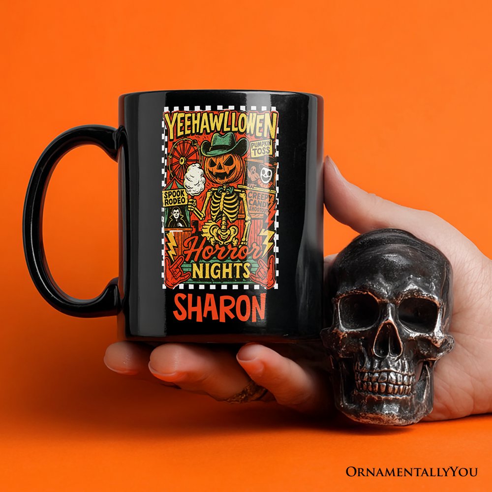Yee Haw Halloween Retro Pumpkin Skeleton Personalized Mug, Spooky Country Western Gift with Custom Name