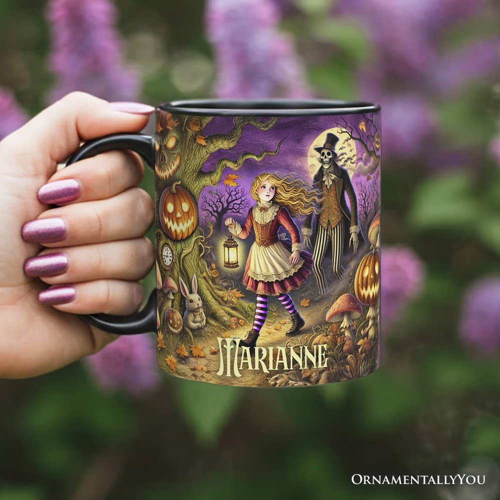 Spooky Parable Alice's Adventure in Wonderland Personalized Mug, Halloween Ceramic Gift with Custom Name
