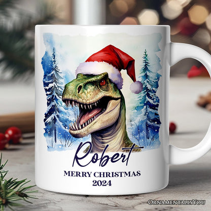Dinosaur with Santa Hat Personalized Mug, Winter Forest Christmas Gift With Custom Name and Date