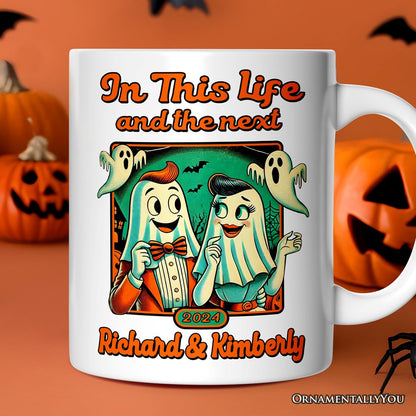 Retro Ghost Lovers Through Next Lives, Personalized Mug, Vintage Halloween Custom Gift for Couples