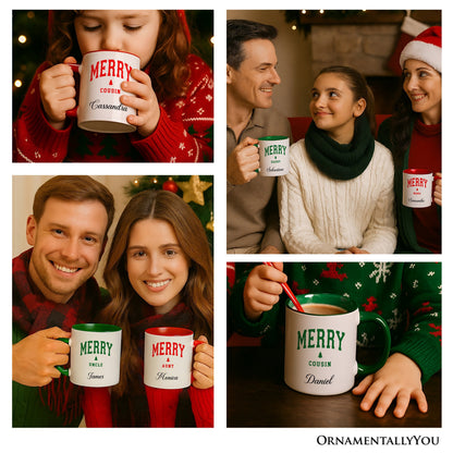 Merry Cousin Retro Christmas Personalized Mug, Matching Family Holiday Gift with Custom Name