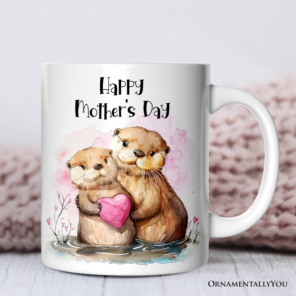 Cute Otters Mother's Day Themed Custom Mug, Personalized Art Animal Mom and Daughter Gift