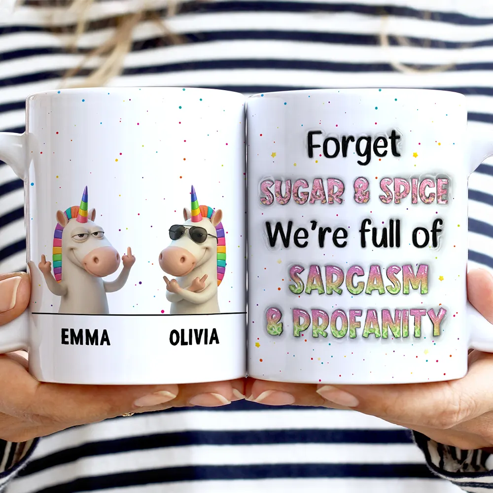 Funny Bestie Unicorn We're Full Of Sarcasm & Profanity - Personalized White Edge-to-Edge Mug