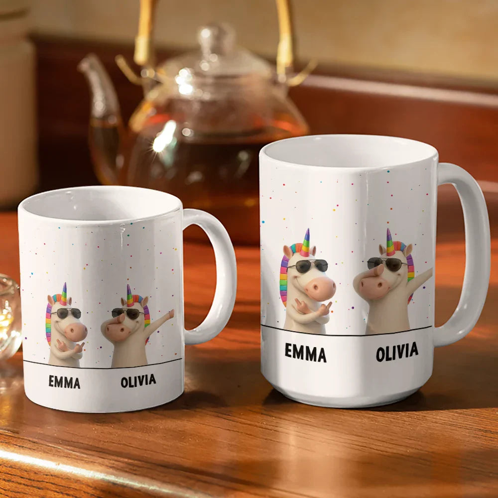 Funny Bestie Unicorn We're Full Of Sarcasm & Profanity - Personalized White Edge-to-Edge Mug