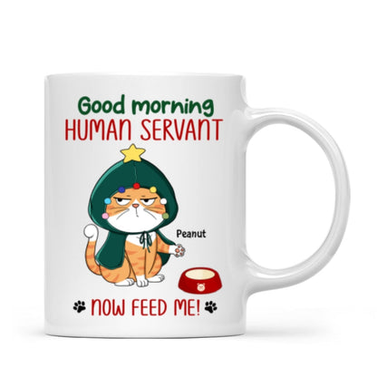 Good Morning Human Servant Now Feed Me Funny Cat Expression Personalized Mug