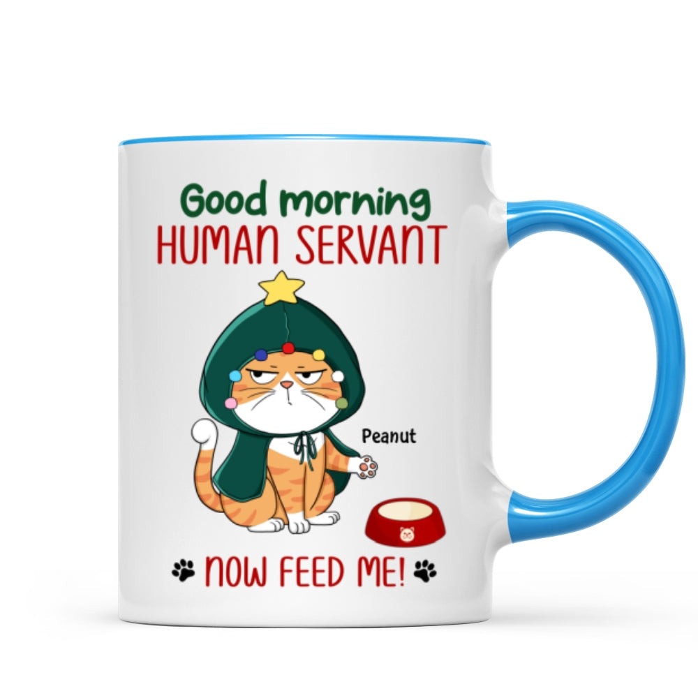 Good Morning Human Servant Now Feed Me Funny Cat Expression Personalized Mug