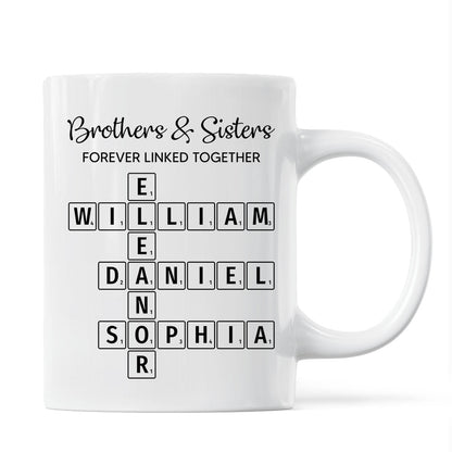 Brothers & Sisters Forever Linked Together Crossword Puzzle Art Personalized Mug, Gift For Brothers, Sisters, Siblings, Family