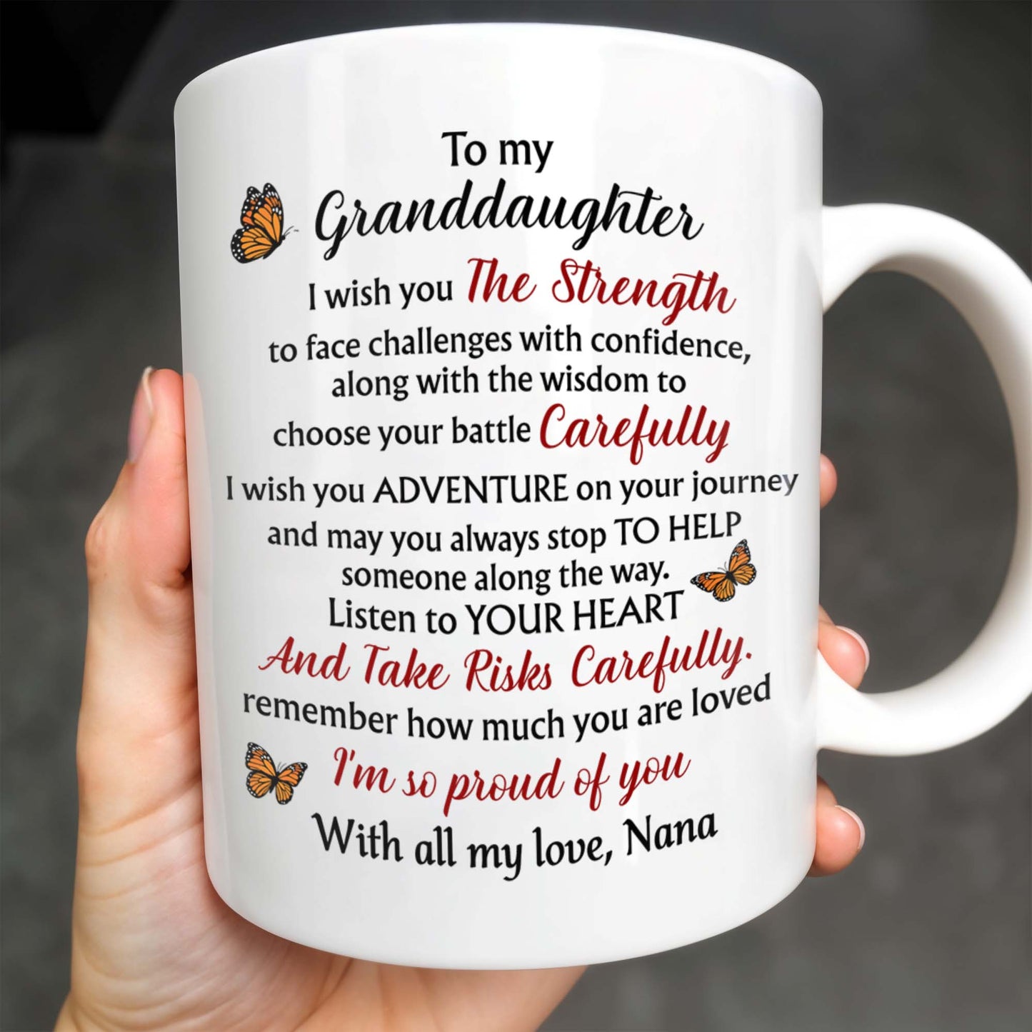 Granddaughter Strength And Wisdom Inspirational Quote With Flowers And Butterflies - Personalized Custom Coffee Mug - GDT060_MG