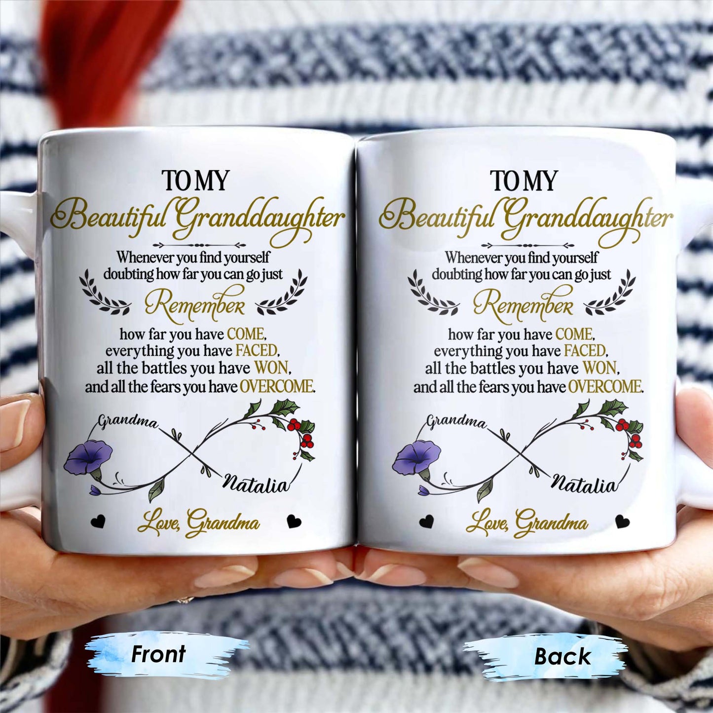 To My Beautiful Granddaughter, Remember How Far You Have Come, Flowers And Heart - Personalized Custom Coffee Mug - GDT309_MG