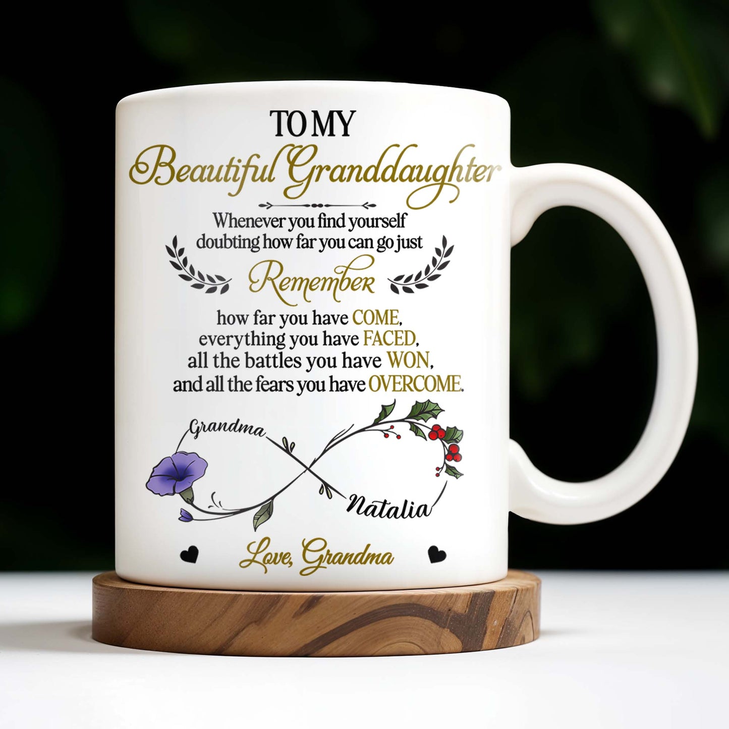To My Beautiful Granddaughter, Remember How Far You Have Come, Flowers And Heart - Personalized Custom Coffee Mug - GDT309_MG