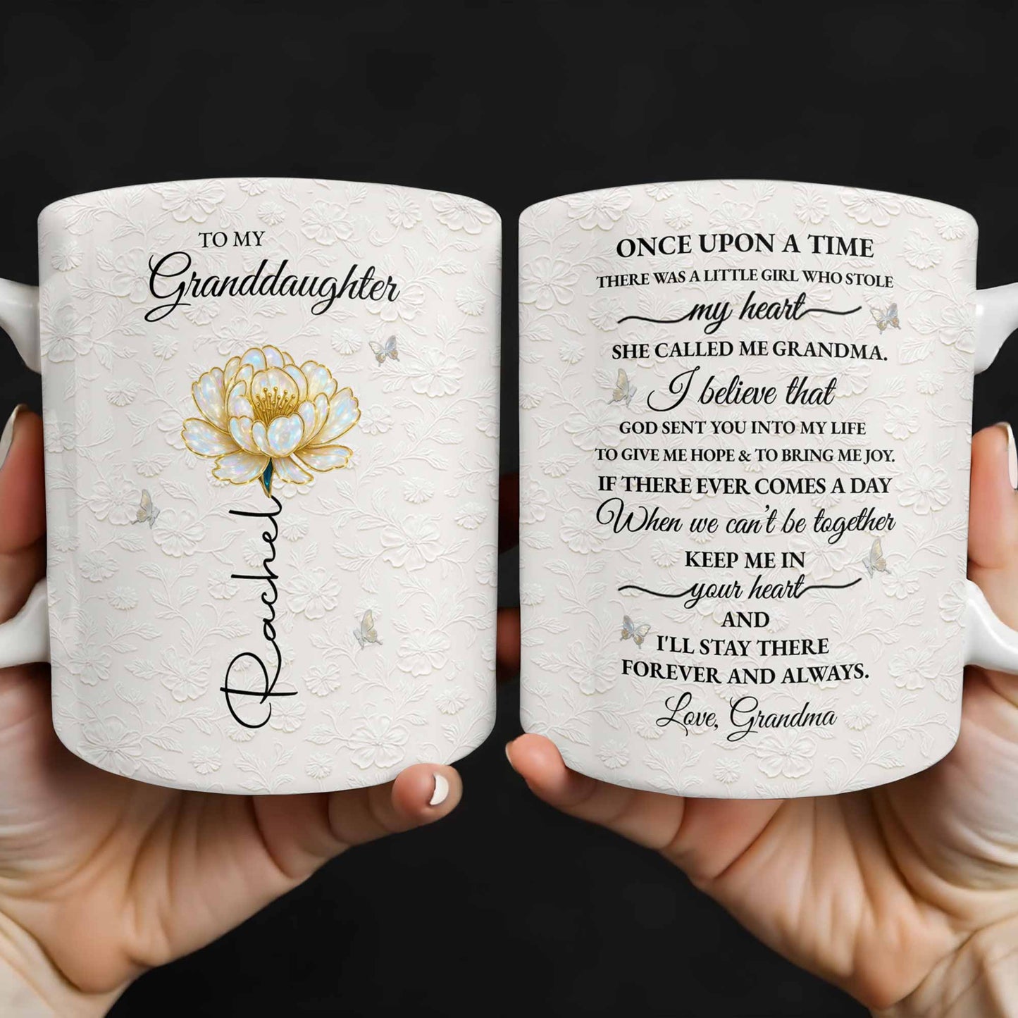 To My Granddaughter, Love Grandma, Beautiful Flower And Butterfly Design - Personalized Custom Coffee Mug - GDT389_MG