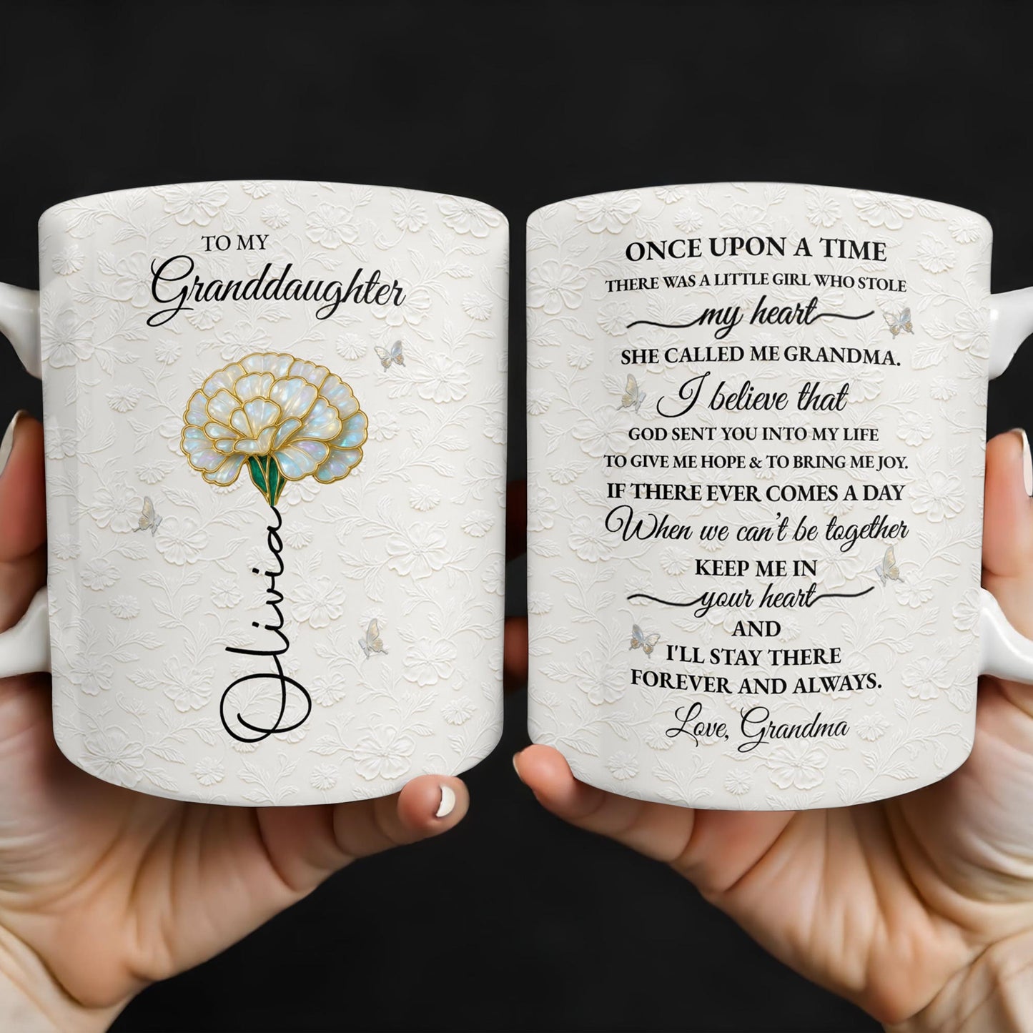 To My Granddaughter, Love Grandma, Beautiful Flower And Butterfly Design - Personalized Custom Coffee Mug - GDT389_MG