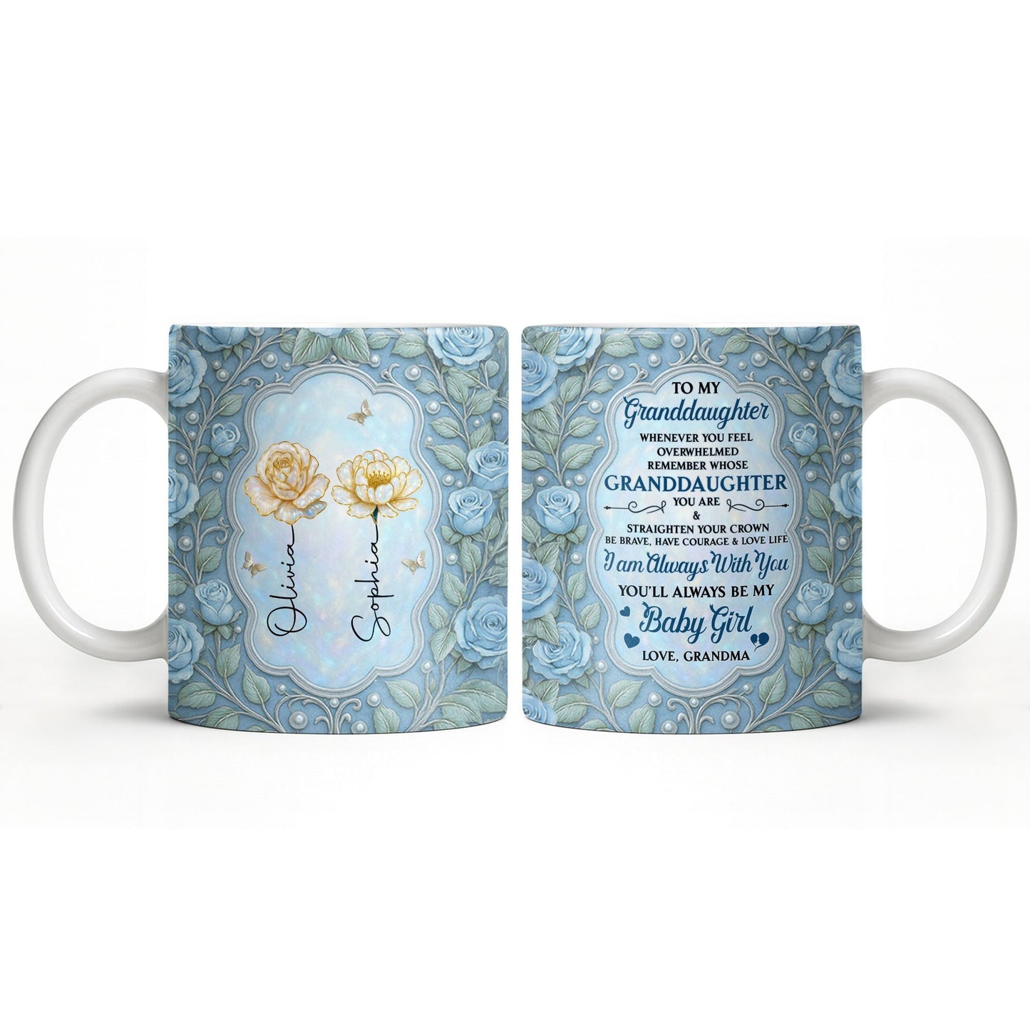 To My Granddaughter, Roses and Crowns Design - Personalized Custom Coffee Mug - GDT541_MG