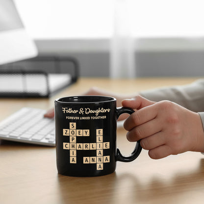 Father & Daughters Sons Forever Linked Together Crossword Puzzle Art Personalized Mug, Heartfelt Father's Day Gift For Dad