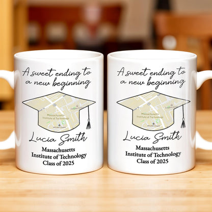 A Sweet Ending To A New Beginning, Graduation Cap And Diploma - Personalized Custom Coffee Mug - GRAD010_MG