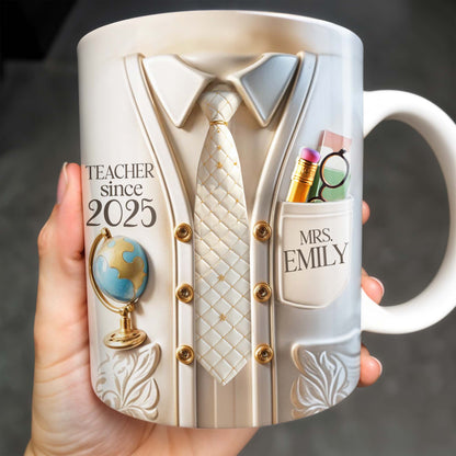 Teacher Since 2025 Featuring Tie, Globe, and Pocket - Personalized Custom Coffee Mug - GRAD269_MG
