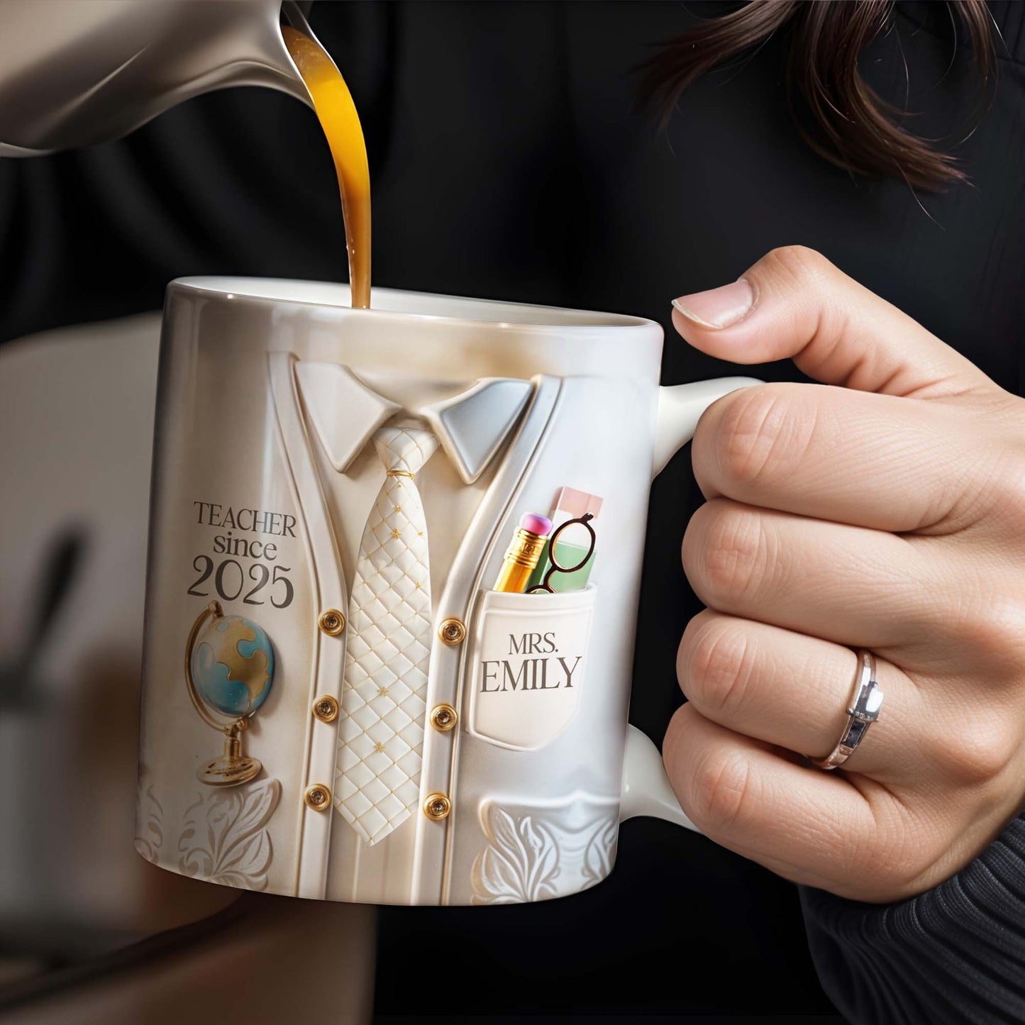 Teacher Since 2025 Featuring Tie, Globe, and Pocket - Personalized Custom Coffee Mug - GRAD269_MG