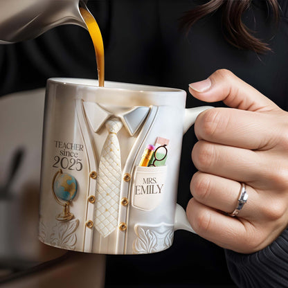 Teacher Since 2025 Featuring Tie, Globe, and Pocket - Personalized Custom Coffee Mug - GRAD269_MG