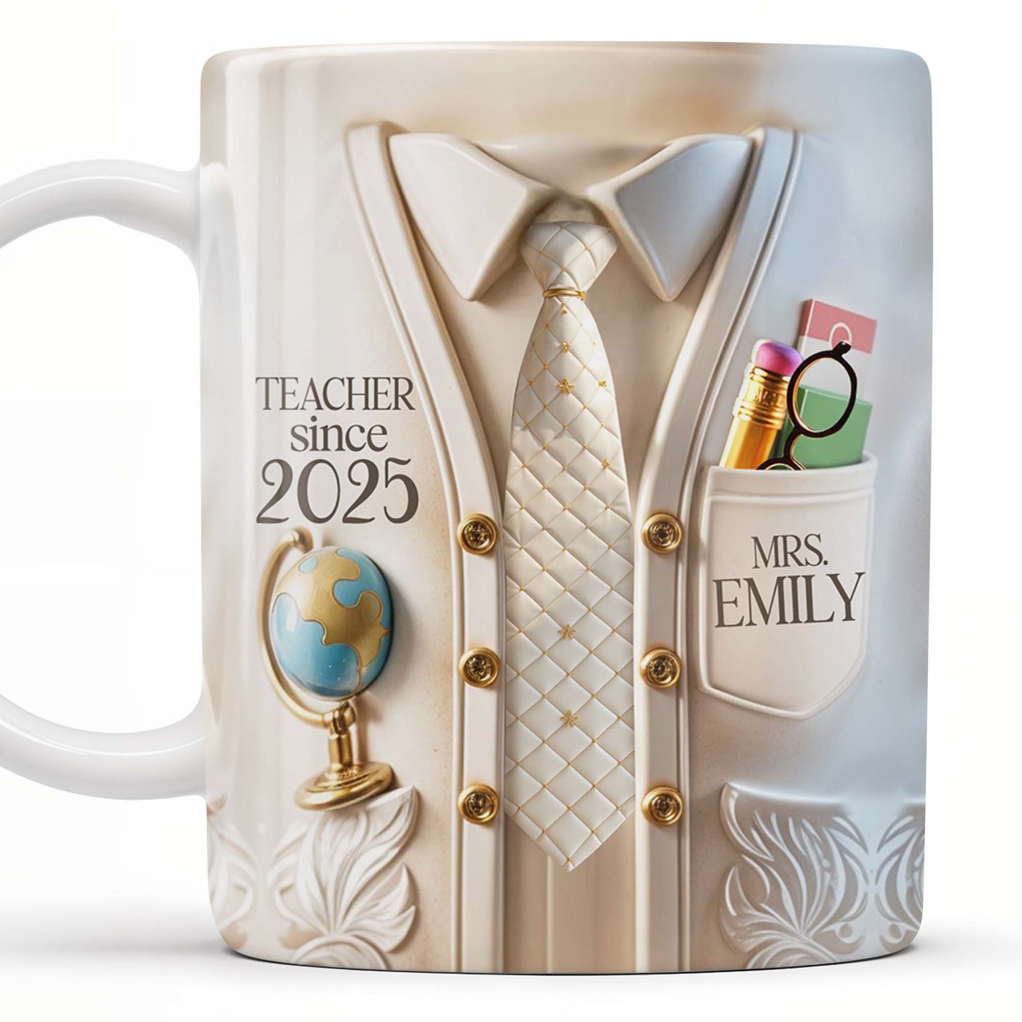 Teacher Since 2025 Featuring Tie, Globe, and Pocket - Personalized Custom Coffee Mug - GRAD269_MG