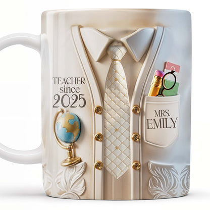 Teacher Since 2025 Featuring Tie, Globe, and Pocket - Personalized Custom Coffee Mug - GRAD269_MG