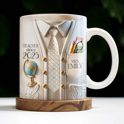 Teacher Since 2025 Featuring Tie, Globe, and Pocket - Personalized Custom Coffee Mug - GRAD269_MG