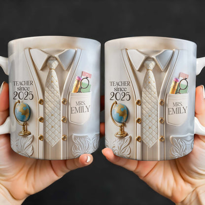 Teacher Since 2025 Featuring Tie, Globe, and Pocket - Personalized Custom Coffee Mug - GRAD269_MG